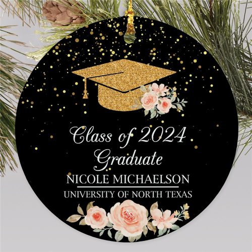 Personalized Gold Glitter Cap with Flowers Round Ornament