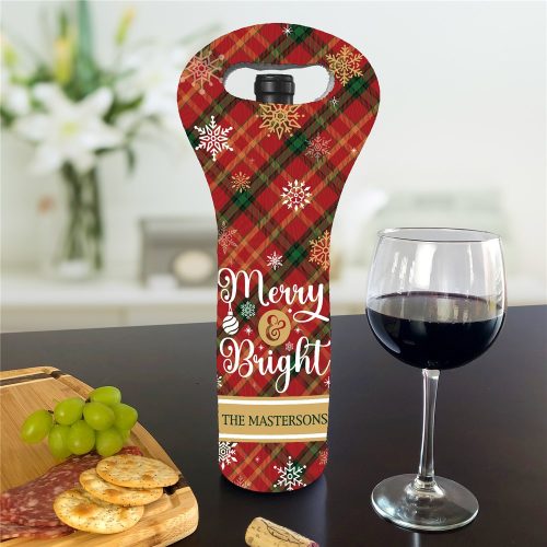 Personalized Merry & Bright Plaid Wine Gift Bag