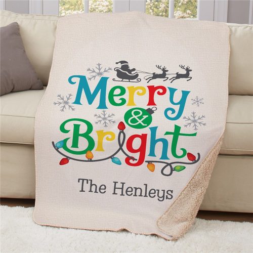 Personalized Merry & Bright With lights 37" x 57" Sherpa Throw
