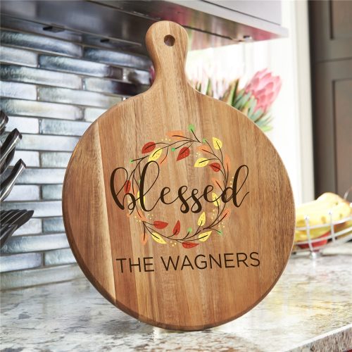 Personalized Blessed Wreath With Leaves Round Acacia Paddle