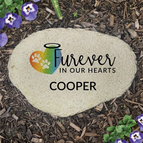 Personalized Rainbow Heart with Paw Prints Flat Garden Stone
