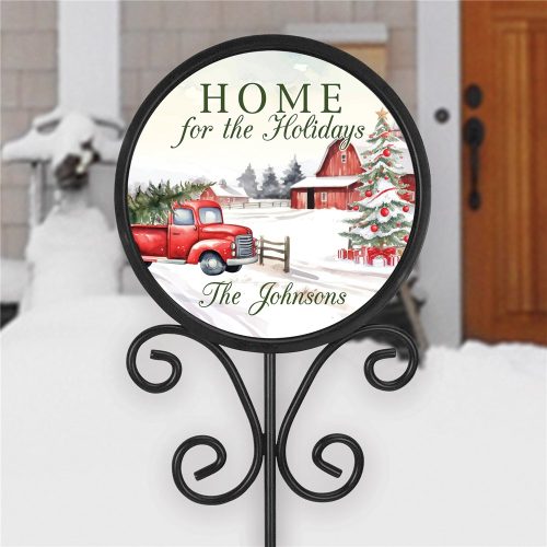 Personalized Red Truck and Barn Country Christmas Round Magnetic Yard Stake
