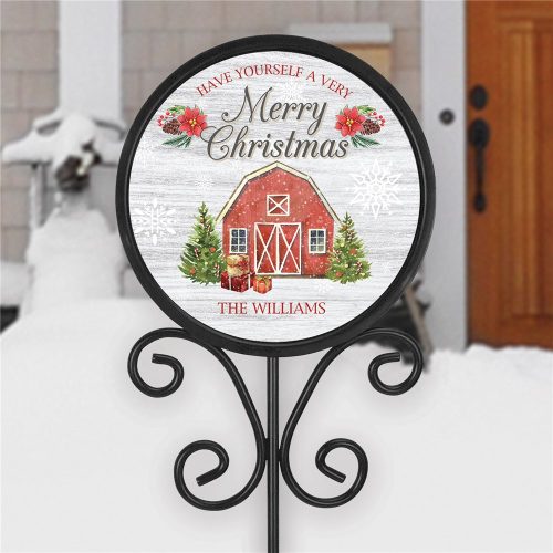 Personalized Red Barn Christmas Round Magnetic Sign