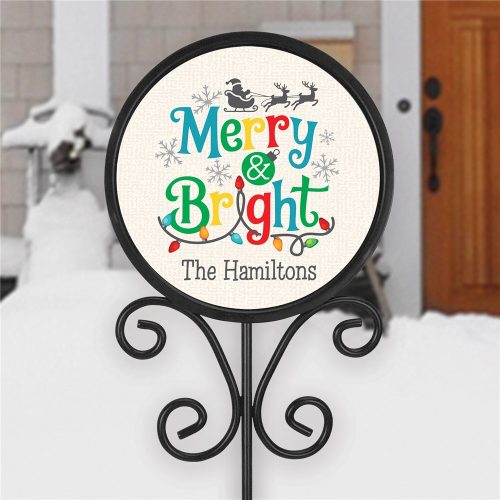 Personalized Merry & Bright With lights Round Magnetic Yard stake