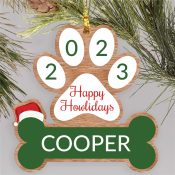 Personalized Paw Bone Santa Hat Wood Cut Ornament