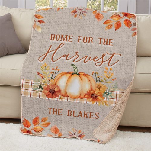 Personalized Home for the Harvest with watercolor Pumpkin and Leaves 37" x 57" Sherpa Blanket
